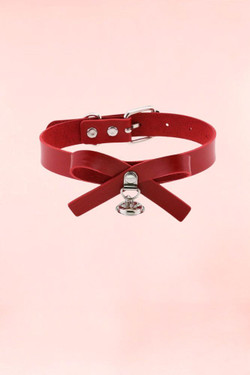 Red Ribbon Bow Bell Faux Leather Choker Necklace.