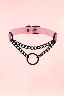 Pink Pleather Choker with Oring Chain.