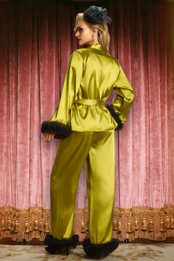 Thelma Green Satin Feather Trim Pajama Set