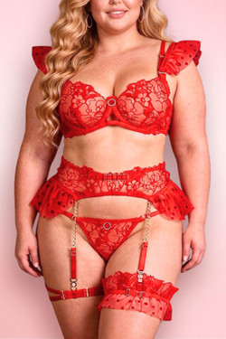 Plus size red lingerie set with garters.
