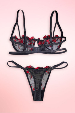 Rosie Floral Embroidered Black Lingerie Set