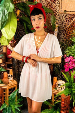 White V Neck Tunic Swimsuit Cover up Beach Dress.