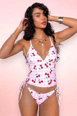Cherry Print Pink Gingham Tankini Two Piece Swimsuit.