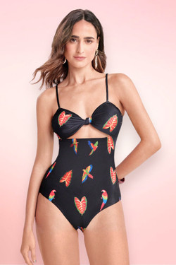 Parrot Print Black One Piece Swimsuit.