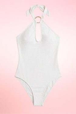 white one piece swimsuit.