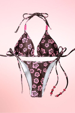 Pink Hibiscus Brown Two Piece Swimsuit.