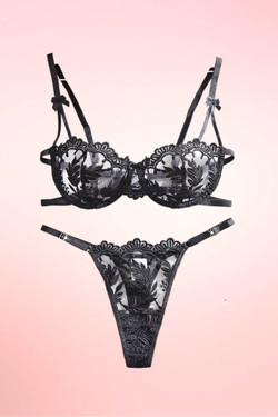 Hannah Black Lace Embroidered Scallop Bra and Thong Set