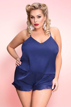 Navy blue plus size lingerie set, satin camisole and ruffle shorts pajama set for curvy women.