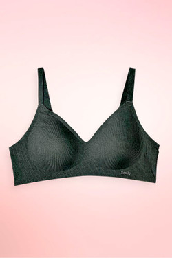black seamless ribbed wireless bra, back view showing wide hook and eye closure and adjustable shoulder straps.