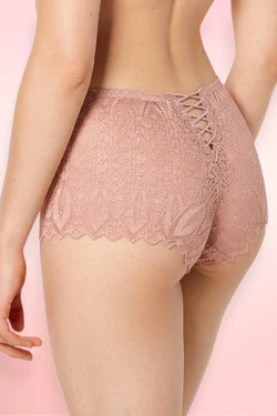 Dusty rose lace boyshort panty front view showing clean allover lace fabric with flat elastic waistband and scalloped hem.