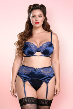 Girona Navy Blue Satin Plus Size Lingerie Set with. Garter Belt.