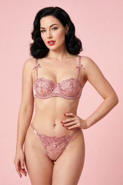Retro blush pink balconette bra and panty set.