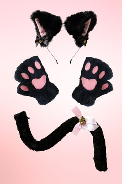 Plush Cat Ears Headband Mittens Tail Accessory Set
