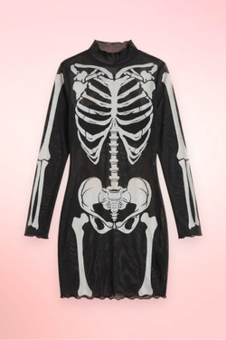 Flat lay of a black sheer mesh long sleeve mini dress