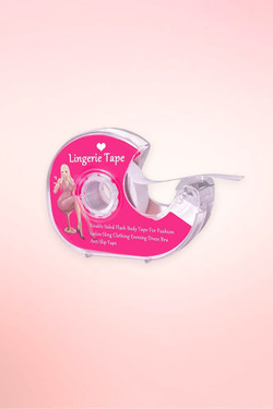 Double-sided lingerie tape in a pink heart-shaped dispenser with built-in cutter.
