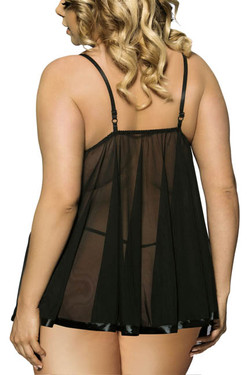 Vie Black Embroidered Sequin Sheer Babydoll Plus Size