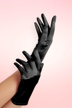 Smooth glossy black satin finish, elegant cocktail and costume styling..