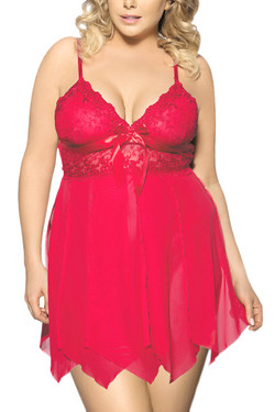 Gia Red Lace Sheer Draping Flyaway Babydoll Plus Size