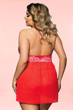 Ada Red Plus Size Nighties Babydoll Lingerie  worn by a model back view 
