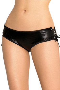 Black Faux Leather Vinyl Crotchless Lace up Sides Low Rise Panty Black Faux Leather Vinyl Crotchless Lace up Sides Low Rise Panty