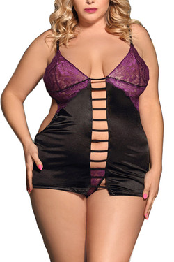 Edith Purple Lace Satin Strappy Chemise Plus Size Edith Purple Lace Satin Strappy Chemise Plus Size