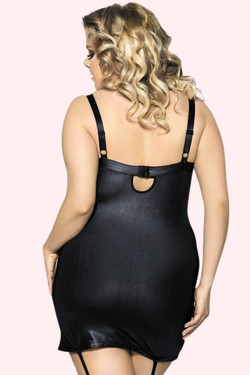 Kiara Black Vinyl Criss Cross Neckline Faux Leather Garter Dress Bondage Plus Size Lingerie with Mesh sides worn by a curvy woman model, back view