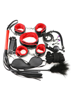 Red & Black Faux Leather Fur Lined 13 piece Beginner's Bondage Kit