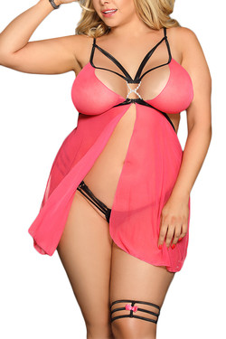 Bessie Salmon Sheer Cutout Babydoll Plus Size