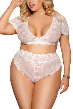 Helena White Lace Cropped Bralette High Waist Thong Lingerie Set Plus Size Helena White Lace Cropped Bralette High Waist Thong Lingerie Set Plus Size