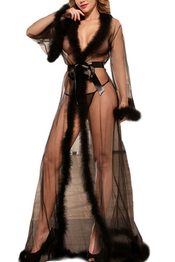 Black Old Hollywood Sheer Marabou feather Long Robe Gown