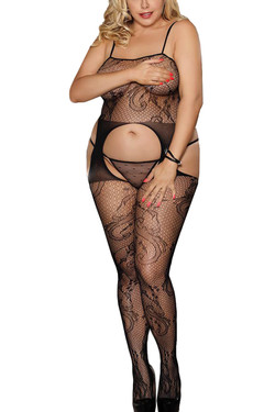 Mia Black Paisley Garter Hose Body Stockings Plus Size