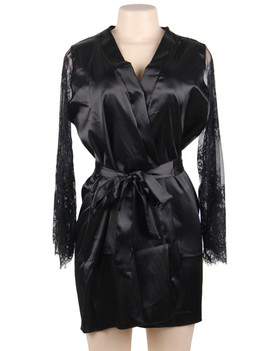 Emy Black Satin Lace Sleeves Robe Set Plus Size