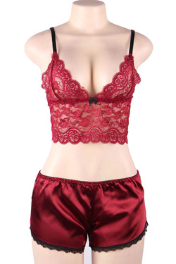 Red Amelia Lace Camisole Cheeky Panty Satin Pajama Short Set Red Amelia Lace Camisole Cheeky Panty Satin Pajama Short Set
