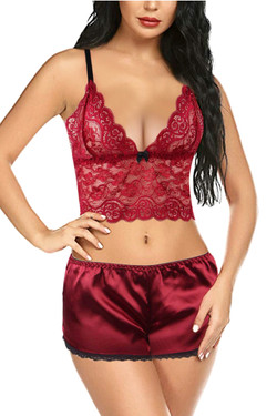 Red Amelia Lace Camisole Cheeky Panty Satin Pajama Short Set Red Amelia Lace Camisole Cheeky Panty Satin Pajama Short Set