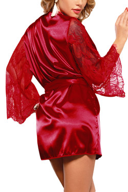 Emy Red Satin Lace Sleeves Robe Set Emy Red Satin Lace Sleeves Robe Set