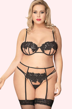 Isabella Black Bralette Garter Belt and Thong Lingerie Set Plus Size