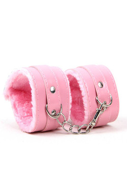 Pink Faux Leather Fur Lined Buckle Handcuffs with Chain