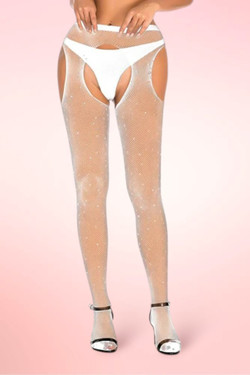 White Sparkle Fishnet Rhinestone Garter Pantyhose