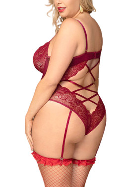Bridgette Red Lace Underwire Velvet Garter Teddy Plus Size