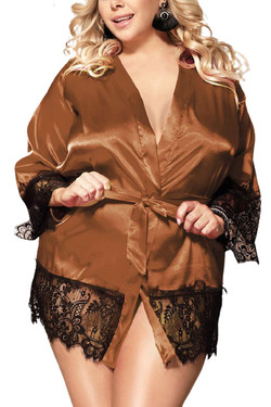 Veronica Brown Satin Black Lace Trimmed Robe Set Plus Size