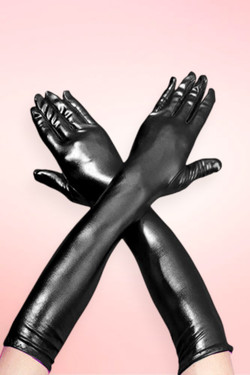 Long Black Metallic Gloves Elbow Length 14 Inches