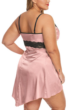 Trixie Pale Pink Satin Black Lace Faux Wrap Babydoll Plus Size Trixie Pale Pink Satin Black Lace Faux Wrap Babydoll Plus Size