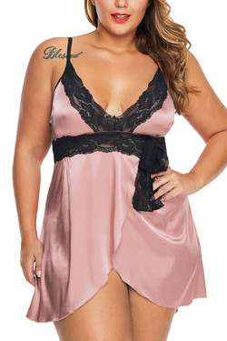 Trixie Pale Pink Satin Black Lace Faux Wrap Babydoll Plus Size Trixie Pale Pink Satin Black Lace Faux Wrap Babydoll Plus Size
