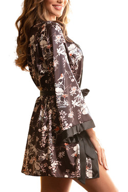 Paulina Black Floral Satin Kimono Plus Size