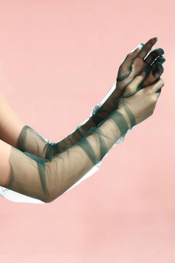 Dark Forest Green Tulle Long elbow Length Vintage Gloves worn by a model front view Dark Forest Green Tulle Long elbow Length Vintage Gloves worn by a model front view