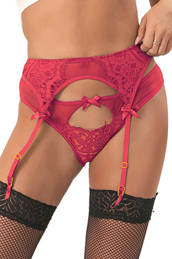 Yolanda Red Eyelash Lace  Plus Size Garter Belt Panty Set