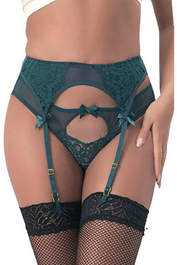 Yolanda Teal Green Eyelash Lace  Plus Size Garter Belt Panty Set