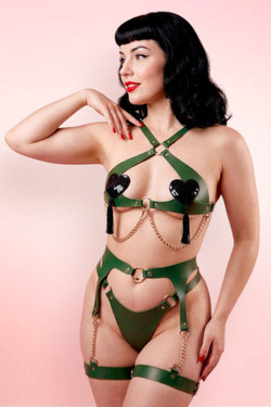 Sarvienne Green  Faux Leather Cross Bra Garter Belt Harness Set