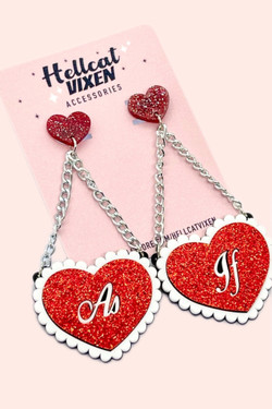 Red Glitter As If Clueless Inspired Sparkly Heart Stud Chain Dangling Laser CutAcrylic Earrings