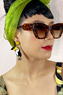 Retro Yellow Beak Toucan Bird Stud Dangling Laser Cut Layered Acrylic Vintage Style Tiki Earrings